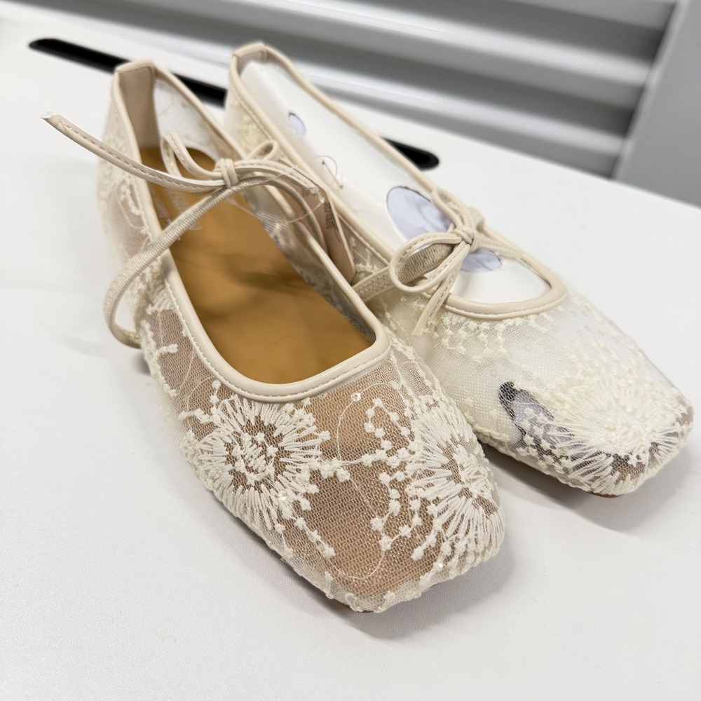 Susanny Airy Lace White Ballerina Flats Square Toe Mary Jane Mesh Sequins 6.5